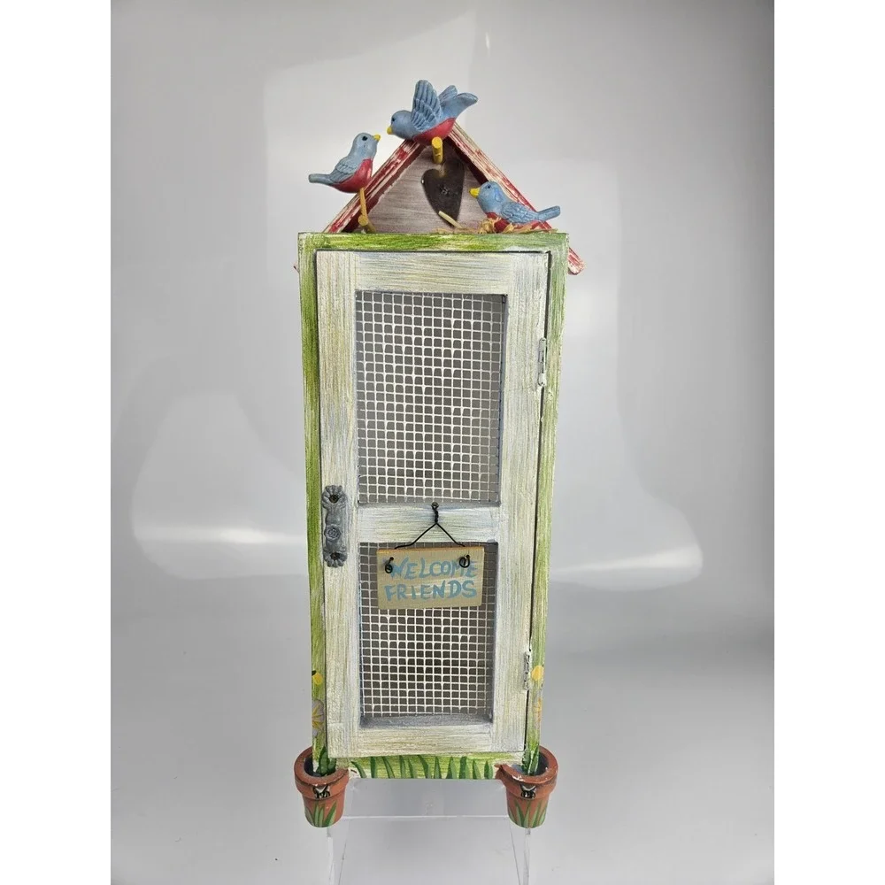 Cottage‎ Birdhouse Tabletop Cabinet Wire Mesh Welcome Friends